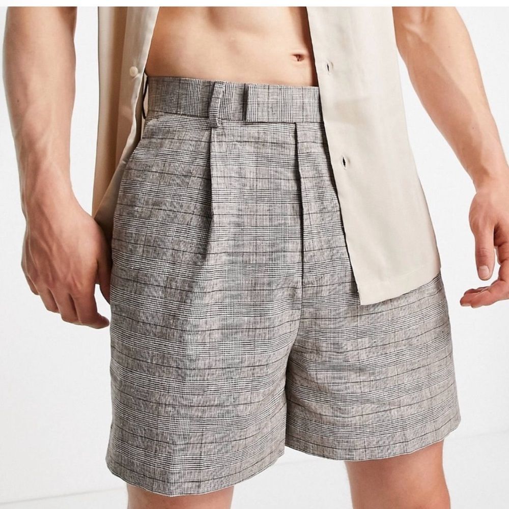 ASOS Design Brown Beige Gingham Plaid Printed Linen Blend Shorts Sz 32